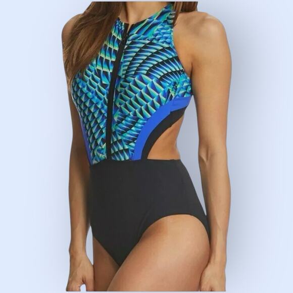GOTTEX Profile Swimsuit Sz 10 NWT Black Blue Green Zip Formation 1 Pc Beach NEW - Picture 3 of 11